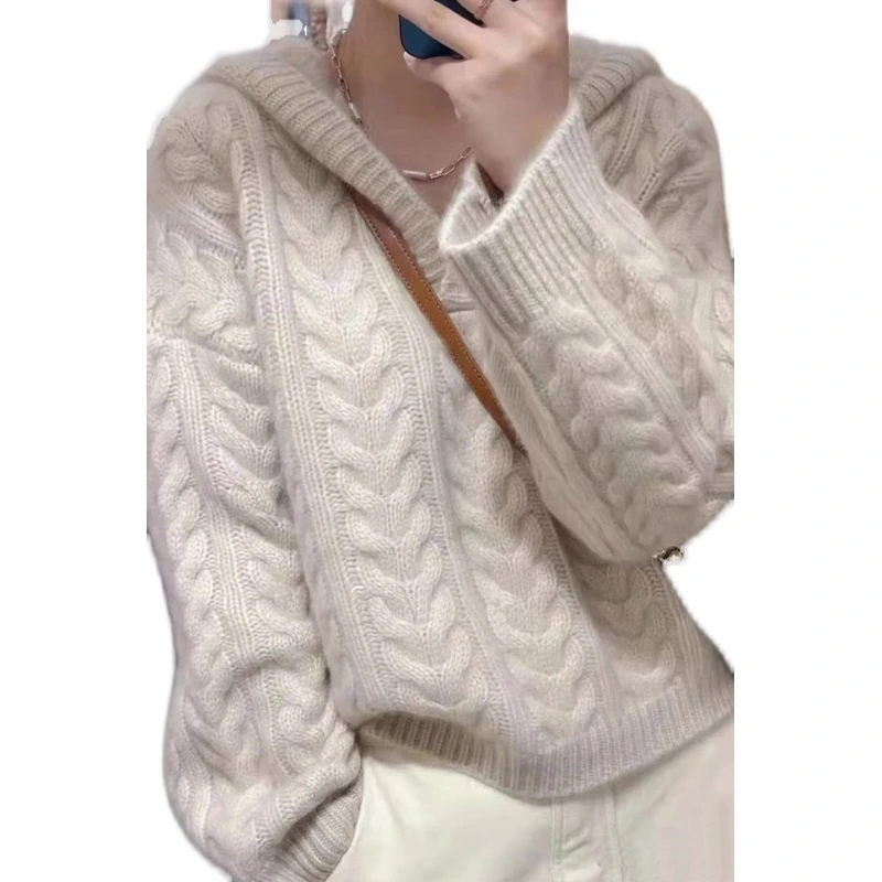 sweater hoodie Pullover 100% Cashmere Sweater Loose Casual Pure Color Knitted Ladies Long Sleeve Hooded Wool Sweater Hot Sale Short winter ladies sweater