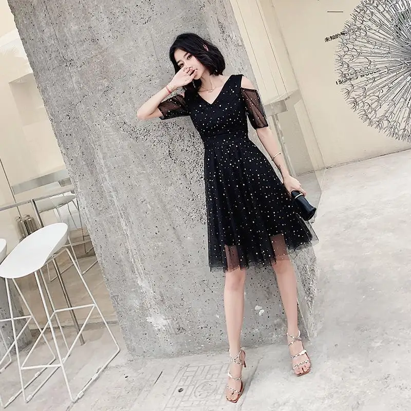 Летнее новое вечернее платье для женщин с бисером и блестками Cheongsam Qipao Сетчатое платье мини Привлекательное платье для официальных приемов Открытое платье - Цвет: Black 1