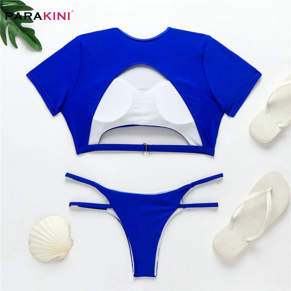 PARAKINI Hollow Out Bikinis Swimwear Women Swimsuit Short Sleeve Bikini Set Bandage Bathing Suit Summer Beach Wear Swimming Suit