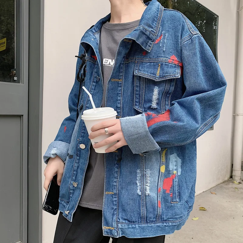 Cheap Hip Hop Denim Jacket Men's Fashion Print Casual Loose Denim Jackets Mens Streetwear Wild Bomber Jacket Men Coat Cowboy Outwear