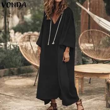 

VONDA Women Dress Casual Loose Sleeve Deep V Neck Long Sexy Dresses Solid Color Cotton Holiday Dress Vestidos Plus Size