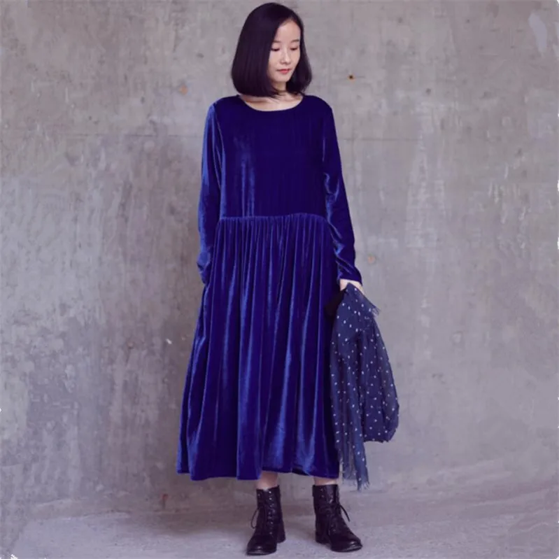 Новое Женское винтажное велюровое платье с длинным рукавом в Корейском стиле, большие размеры 5XL 6XL 7XL, зимнее бархатное Макси-платье - Цвет: Синий