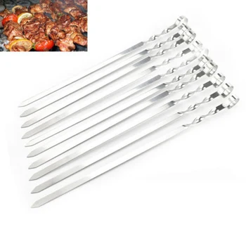

10PCS Stainless Steel Barbecue Needle BBQ Barbecue Flat Skewers BBQ Needle Anti-skid Handle Barbecue Sign Durable Kitchen Gadget