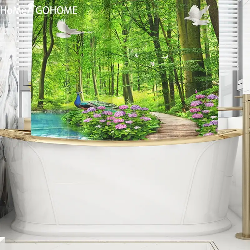 3d Landscape Shower Curtain Flowers Forest Peacock Elk Waterproof Polyester Bathroom Curtain Fabric for Bathtub Bath Screen Art