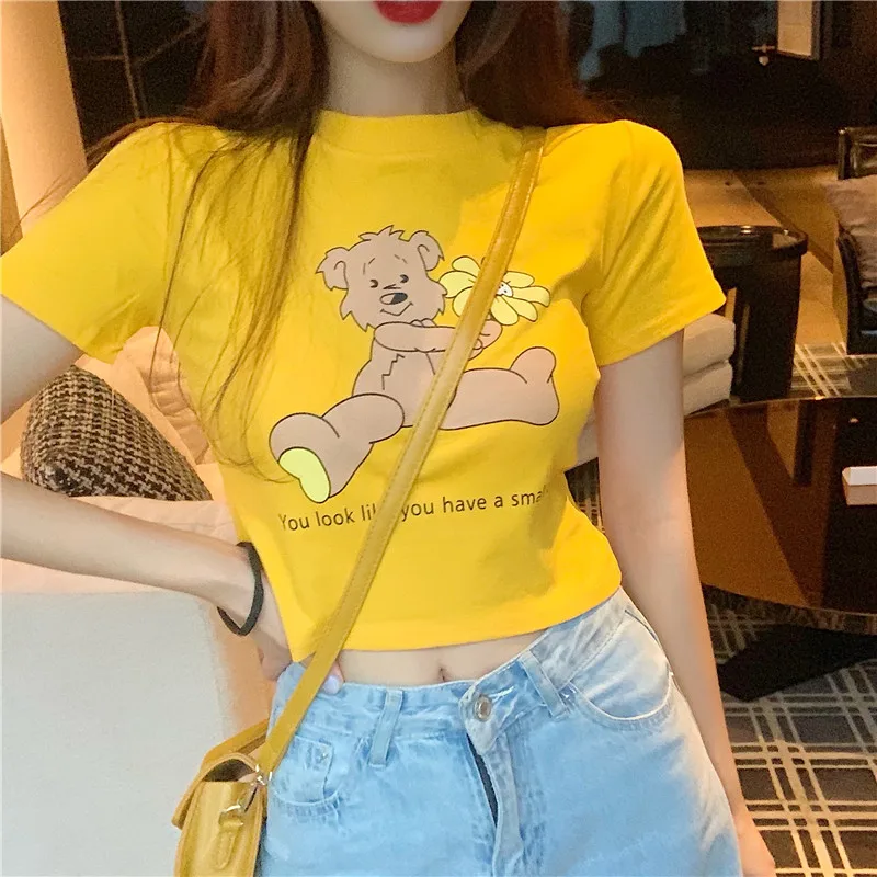 

2020 New Fashion T-shirt Women Bear with Flower Printed T-shirts Yellow Sexy Cropped Crop Top Kawaii Cute Tee Shirt Femme mujer