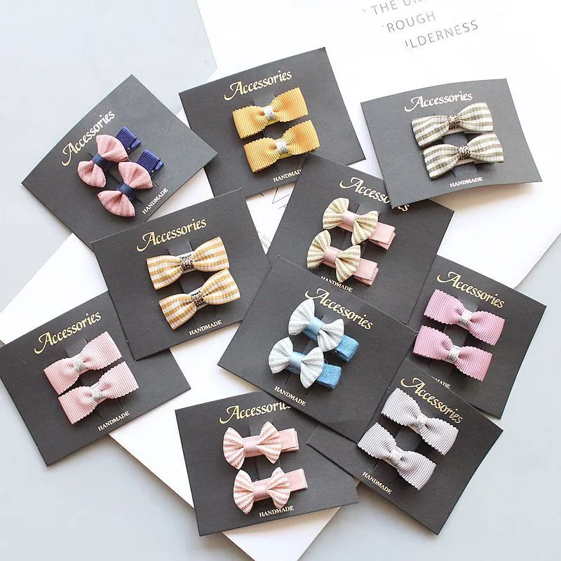

2pcs/set Solid Plaid Striped Bow Hair Clips+Little Girl Boutique Bowknot Elastic Hair Bands for Kids Baby Hair Accessories