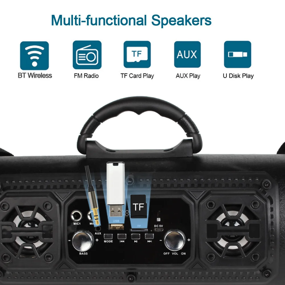 Wireless Bluetooth Speakers 20W Outdoor Loudspeaker Stereo Bass Subwoofer Speakers FM TF AUX IN Music Player LED Dual Microphone