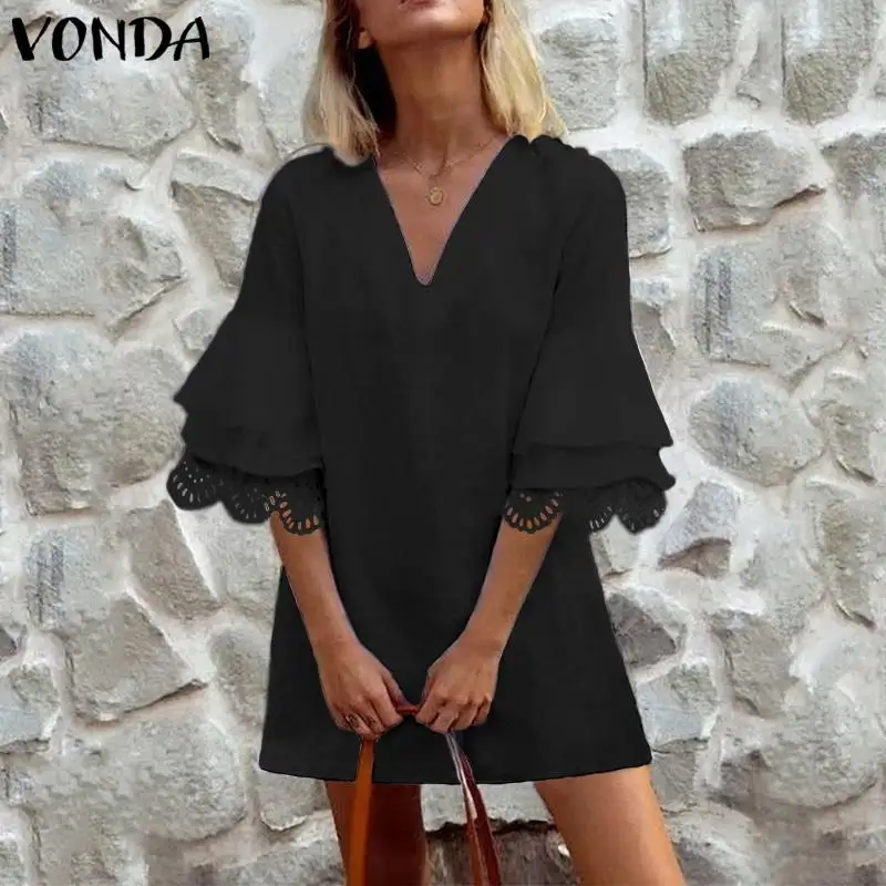 VONDA/офисное платье для женщин, открытые вечерние мини-платья с рукавом средней длины и рюшами, женский летний сарафан размера плюс, v-образный вырез, Vestidos