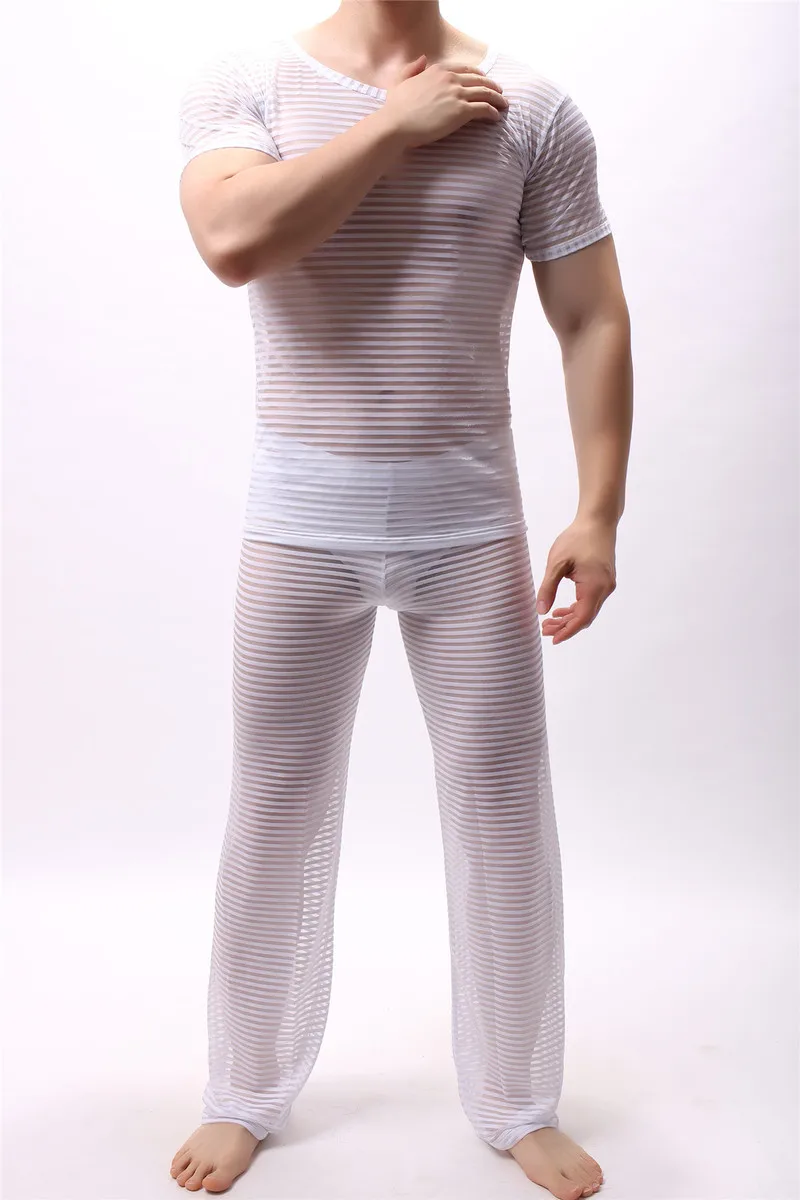 2 шт./компл. прозрачные свободные Повседневные длинные брюки сетки Для мужчин нижнее белье сексуальное Для мужчин нижнее белье топы зауженного кроя с пижамные костюмы