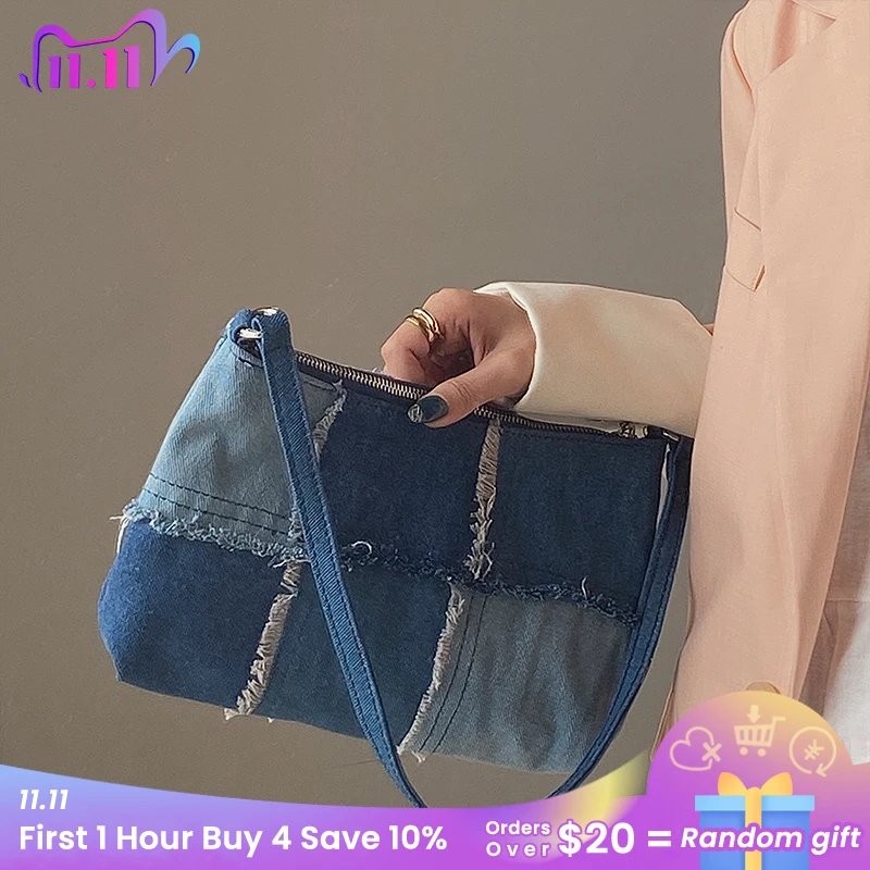 ВИНТАЖНАЯ ДЖИНСОВАЯ прошитая женская сумка для подмышек модная большая сумочка