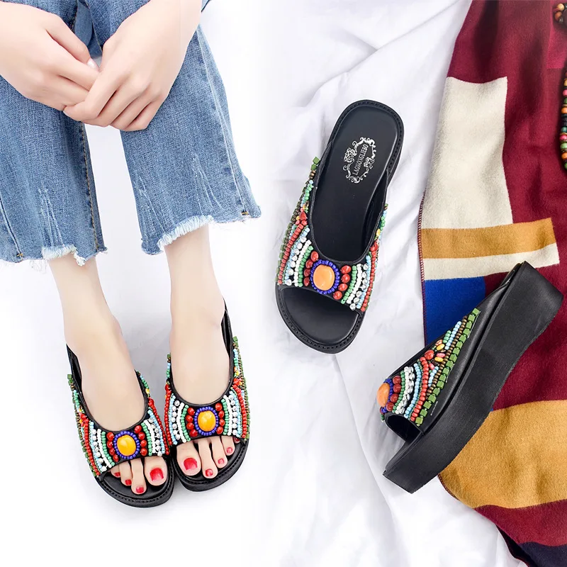 

18 Summer New Style Ethnic-Style Beaded Bracelet Platform Thick Bottomed Peep-Toe Slippers Versitile Fashion WOMEN'S Shoes