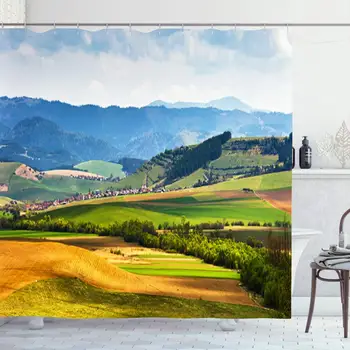 

Shower Curtain Set with Hooks 72x72 Agriculture Spring Green House Field Meadows On Hill Yellow Sky Hills Farm Parks in Forest