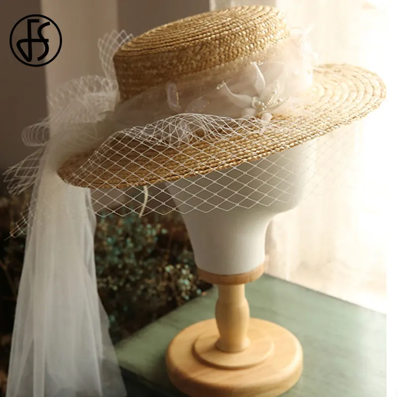 FS Flat Top Straw Hat Mesh Veils Beach 