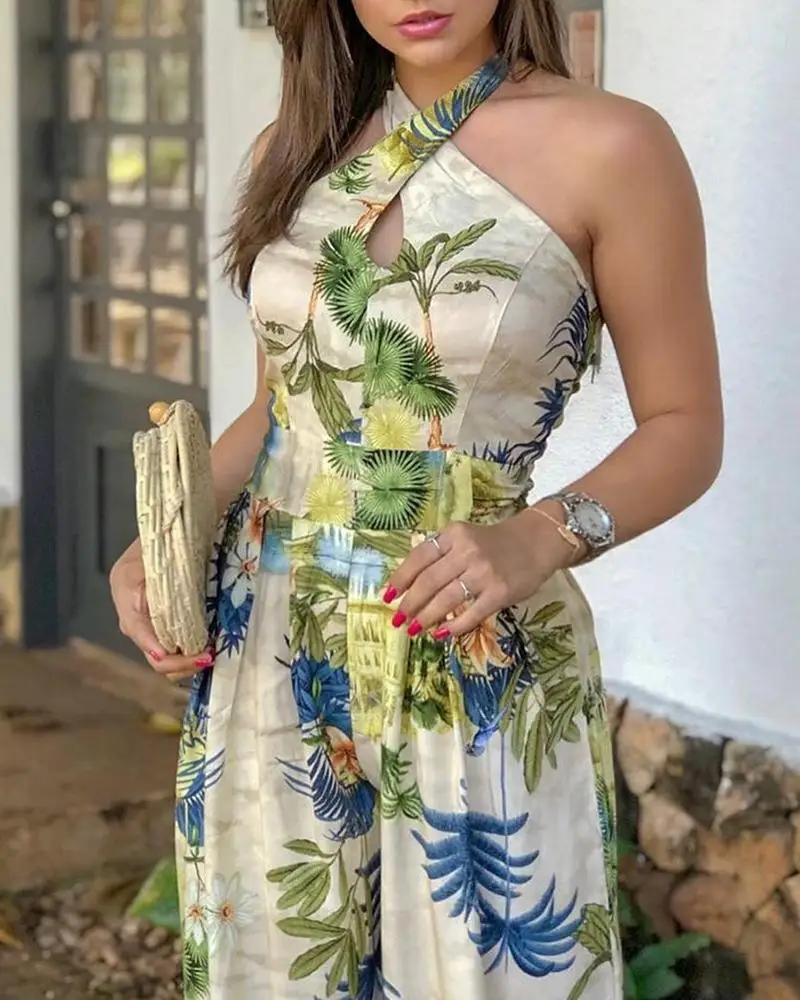 Crisscross Halter Tropical Print Jumpsuits for Women Sleeveless Casual One Piece Overalls Crisscross Halter Tropical Print Jumpsuits for Women Sleeveless Casual One Piece Overalls