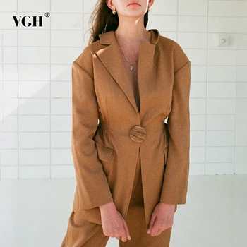 

VGH Elegant Tunic Blazer For Women Notched Long Sleeve High Waist Solid Black Minimalist Jacket Female Fashion New 2020 Style