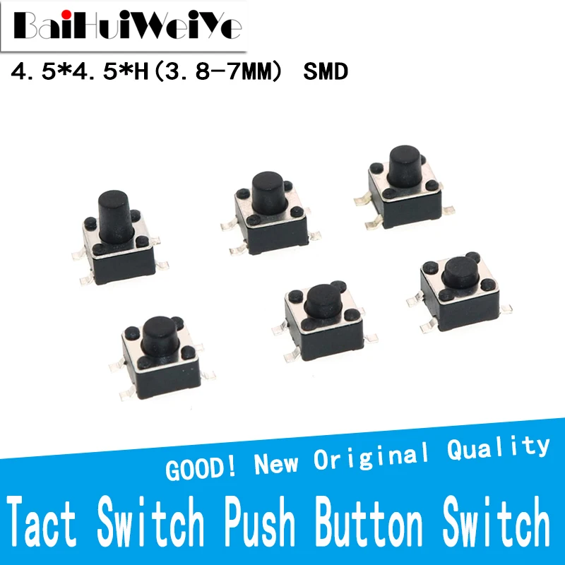 50PCS/LOT 4.5*4.5 mm 4.5X4.5 Tact Switch Push Button Switch Copper 4PIN SMT SMD Micro Switch 4.5x4.5x3.8/4.3/5/6/7 MM 6 6 2 5 3 1 3 7 4 3 mm smd switch 4pin feet touch micro switch push button switches red 6x6 tact switch