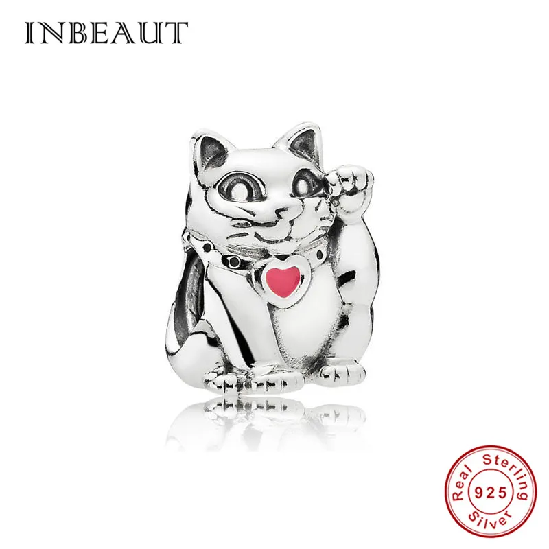 INBEAUT оригинальные бусины кошка fit Pandora браслет 925 пробы серебро счастливый Красный Эмаль Scarlf подвески в виде животных DIY ювелирные изделия