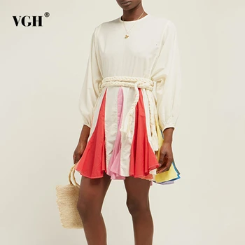 

VGH Spring Hit Color Patchwork Womens Dress O Neck Puff Sleeve Bandage Dresses Female 2019 Casual Vintage Fashion