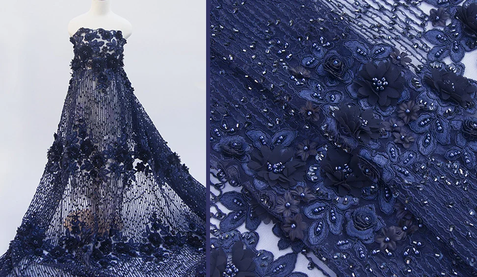 Темно-синяя однотонная наклейка, ткань ручной работы, вышитая бисером, tissu, высококачественное платье, парадный халат или платье