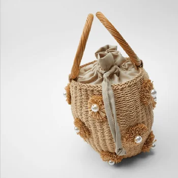 

Japan Style 2020 Women Flower Pearl Beaded Straw Bags Fashion Circle Ring Bucket Bags