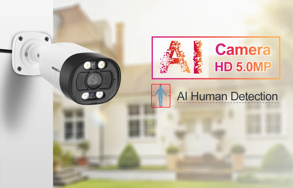 MISECU H.265 Super HD 5MP Two-way Audio Security POE IP Camera Human Detection Outdoor Waterproof AI Camera ONVIF for POE NVR