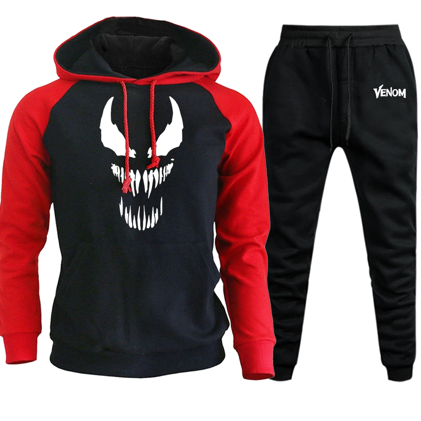 Venom уличная Мужская толстовка реглан флисовый пуловер с забавным принтом осень зима повседневный костюм Мужская толстовка+ спортивные штаны комплект из 2 предметов - Цвет: red black5