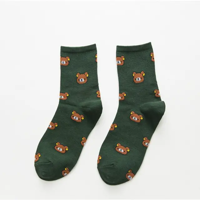 1 Pair of Cute cartoon women's pure Cotton socks cute and Fashionable bear socks five Colors of pure Cotton Female socks Turquoise