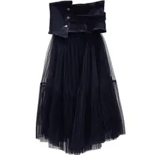 Весенняя Осенняя модная новая джинсовая юбка для женщин с высокой талией, сетчатая Лоскутная плиссированная юбка до середины икры