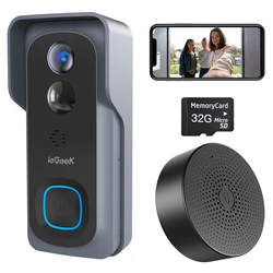 Iegeek – caméra sonnette 1080P Rechargeable, sonnette intérieure à détection de mouvement, Support vocal bidirectionnel, stockage sur carte SD et Cloud 