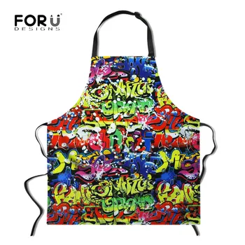 

FORUDESIGNS Graffiti Printed Apron For Women Man Adjustable Strap Chef Apron Funny BBQ Cooking Painfore Baking Cleaning Tools