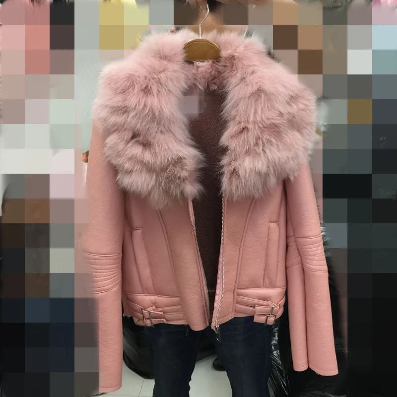 Лисий мех воротник Leater куртка пальто женские осенние зимние кожаные куртки верхняя одежда