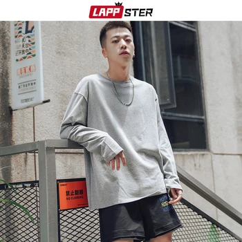 

LAPPSTER Men Colorful Oversized Harajuku Tshirts Long Sleeve 2020 Mens Hip Hop Solid Cotton T Shirt Male Loose Black Tshirt 2XL