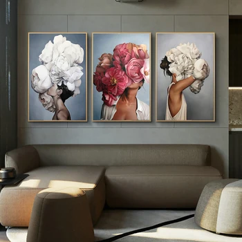 

Modern Abstract Canvas Poster Flowers Woman Wall Art Painting Feather Posters and Prints Wall Pictures for Living room Decor
