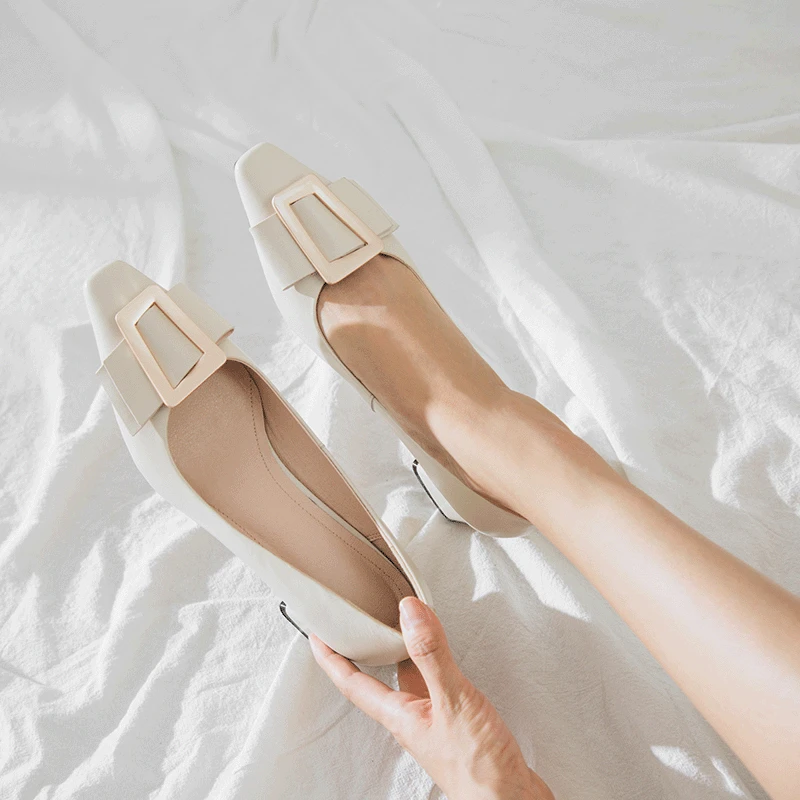 

2019 Spring And Summer New Style Genuine Leather Korean-style Square Head Shallow Mouth Bow Square Buckle Chunky-Heel Shoes Wome
