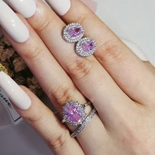 

2pcs Pack silver color bride Cushion Cut Zircon Jewelry Set Engagement Ring Stud Earring For Women Gift J7014-pink