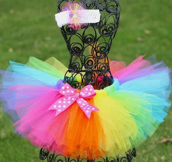 

Rainbow Tutu Skirt Baby Girls Ballet Tulle Pettiskirts with White Dots and Flower Headband Children Birthday Party Costume Skirt