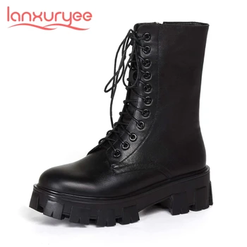 

Lanxuryee big size genuine leather round toe thick bottom riding boots winter keep warm solid classic style mid-calf boots L3f5