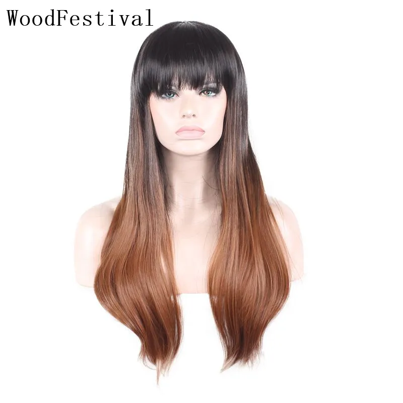 

WoodFestival Women's Synthetic Wig with bangs Ombre Brown Mix color Long Straight Hair Heat Resistant Wigs for Women Cosplay