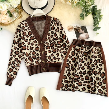 

Foamlina Casual Women Knitted Two Pieces Sets Leopard Pattern Long Sleeve V Neck Cardigan and Short Pencil Skirt Suit for Autumn