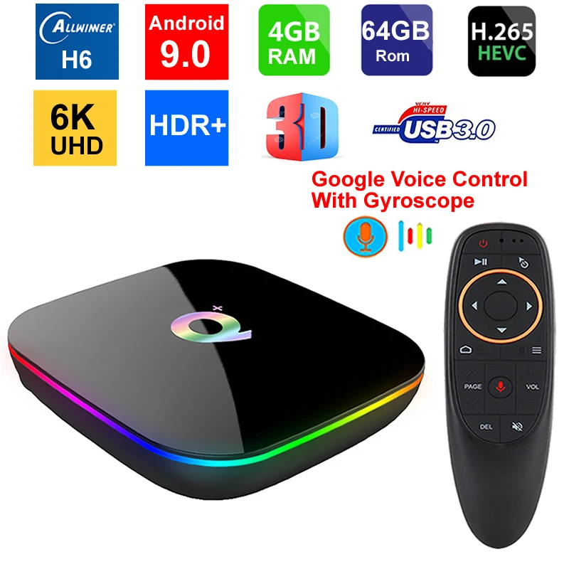 Умная ТВ-приставка Q Plus 4 Гб ОЗУ 64 ПЗУ четырехъядерный Allwinner H6 ОС Android 9 0 Wi-Fi USB3.0 6K UHD