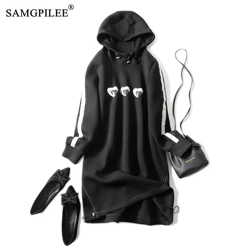 

Winter Dresses For Women 2023 Casual A-line Print Full Sleeve Knee-length Empire Hooded Elegant Dress For Woman 4XL