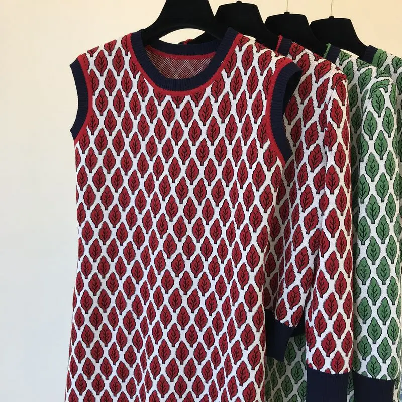 ALPHALMODA/ Зимний вязаный кардиган с круглым вырезом+ платье, Женский жаккардовый костюм из двух предметов с узором в виде листьев и ромбика, повседневный комплект OL