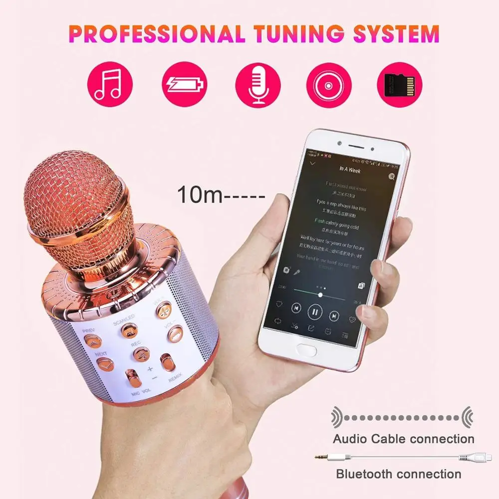 Wireless Bluetooth Karaoke Microphone, Portable Speaker Machine, Handheld Home KTV Player with Record Function