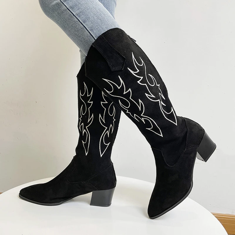 Botas De Cowboy para Mujer, botines De punta estrecha sin cordones, tacón  bajo cuadrado, hasta la rodilla, para invierno, 2021|Botas hasta la  rodilla| - AliExpress