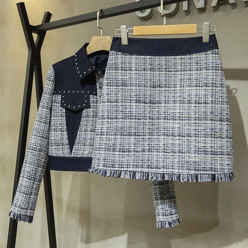 

Lapel Embroidered Flares Patchwork Tweed Single Breasted Short Jackets High Waist A-Line Skirts Womens Tassed Slim Fit 2Pcs Sets