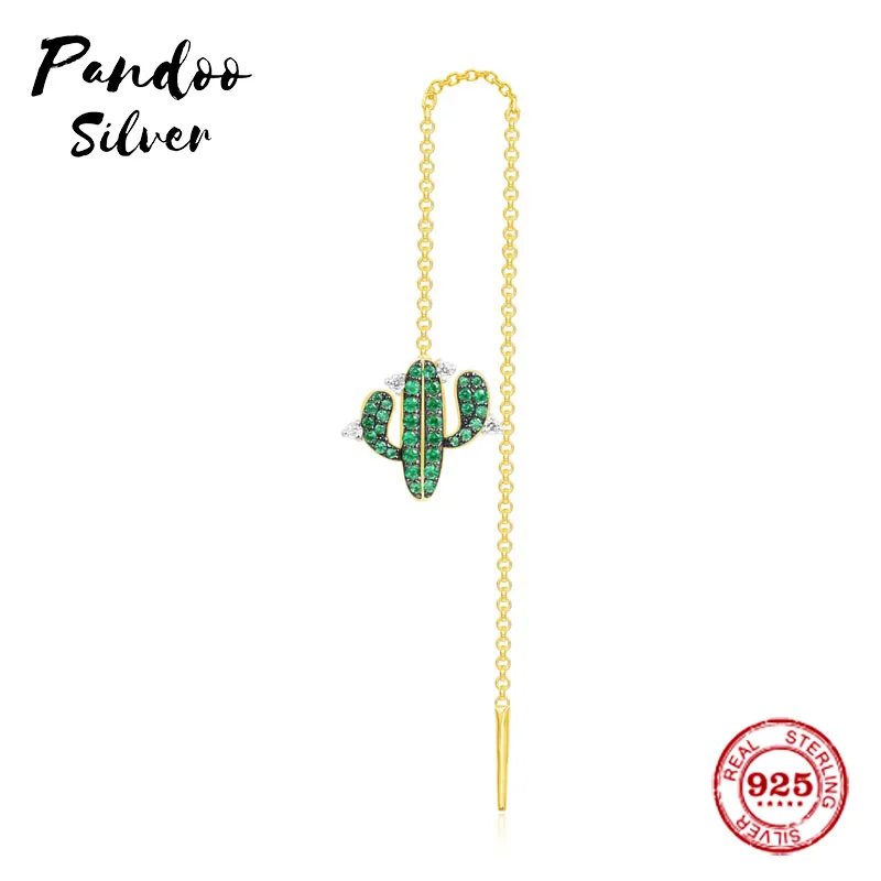 

Pandoo Fashion Charm Sterling Silver Original 1:1 Copy，Single cactus Earring With Dropping Chain Luxury Jewelry Gift For women