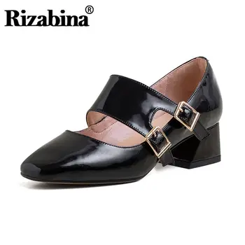 

RIZABINA Women Pumps Real Leather Casual Square Heels Shoes Women New Spring Metal Buckle Fashion Daily Footwear Size 33-40
