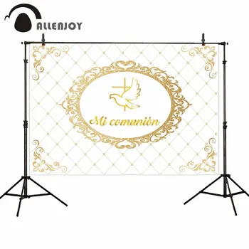 

Allenjoy Golden Color Banners Plaid Peace Pigeon Holy Communion Party Backdrops Celebrate Child Event Supplies Photo Zone Decor