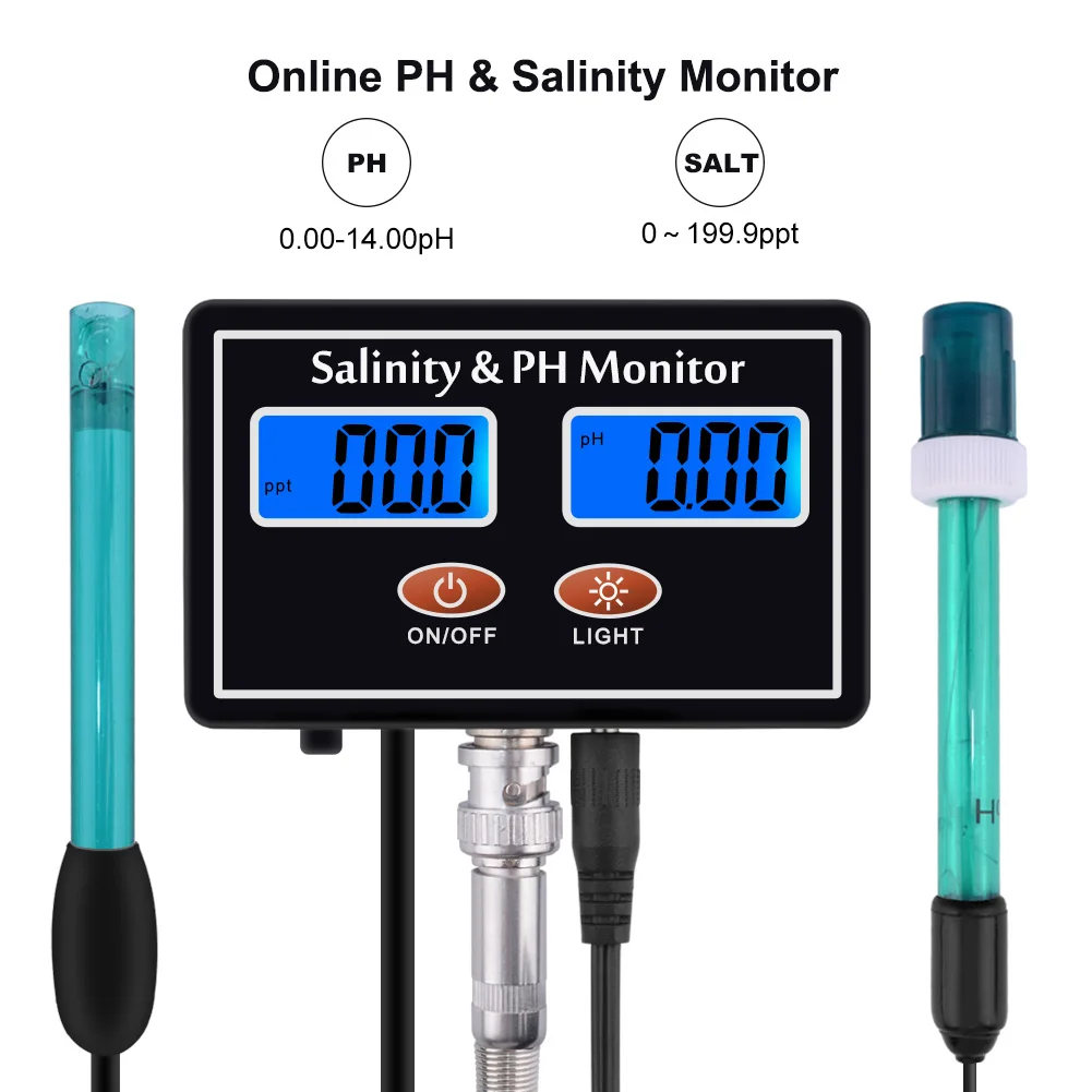 Онлайн РН& соленость монитор 2 в 1 рН метр и тестер солености для аквариума бассейн спа морской воды садоводства качество воды