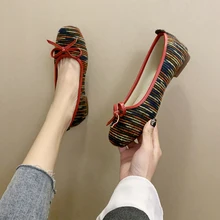 Полосатые тканевые туфли с квадратным носком; туфли без каблуков с бантом; женские тонкие туфли без застежки; Повседневные Удобные Мокасины фирменного дизайна; короткие лоферы;